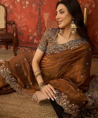 Brown tissue satin embroidered saree with unstitched blouse piece. 1