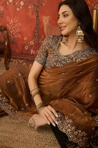 Brown tissue satin embroidered saree with unstitched blouse piece