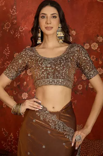 Brown tissue satin embroidered saree with unstitched blouse piece
