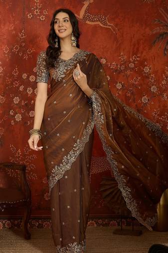 Brown tissue satin embroidered saree with unstitched blouse piece