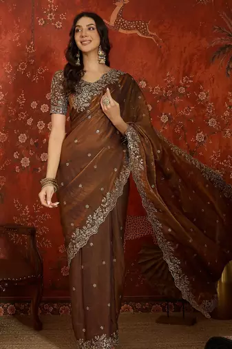 Brown tissue satin embroidered saree with unstitched blouse piece