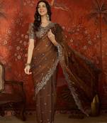 Brown tissue satin embroidered saree with unstitched blouse piece