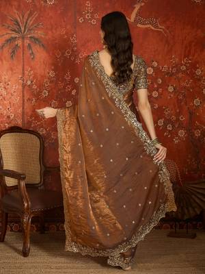 Brown tissue satin embroidered saree with unstitched blouse piece. 4