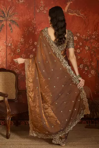 Brown tissue satin embroidered saree with unstitched blouse piece