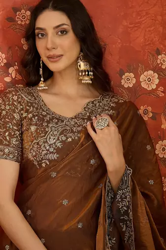 Brown tissue satin embroidered saree with unstitched blouse piece