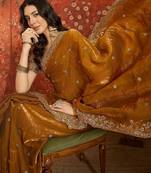 Gold tissue satin embroidered saree with unstitched blouse piece.