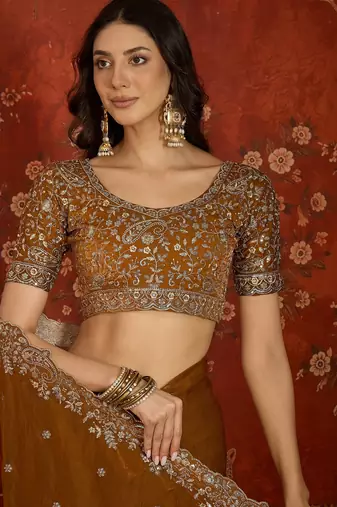 Gold tissue satin embroidered saree with unstitched blouse piece.