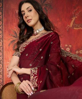 Maroon tissue satin embroidered saree with unstitched blouse piece. 2