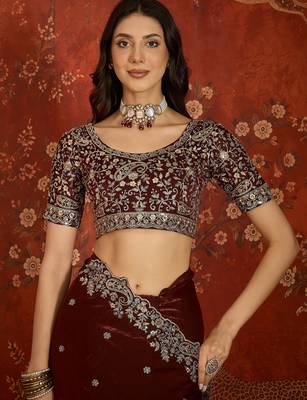 Maroon tissue satin embroidered saree with unstitched blouse piece. 3