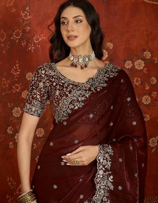 Maroon tissue satin embroidered saree with unstitched blouse piece. 4