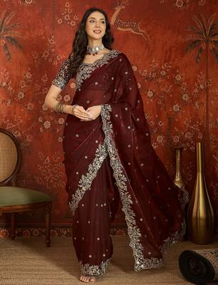 Maroon tissue satin embroidered saree with unstitched blouse piece. 1