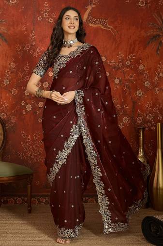 Maroon tissue satin embroidered saree with unstitched blouse piece.