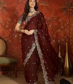 Maroon tissue satin embroidered saree with unstitched blouse piece.