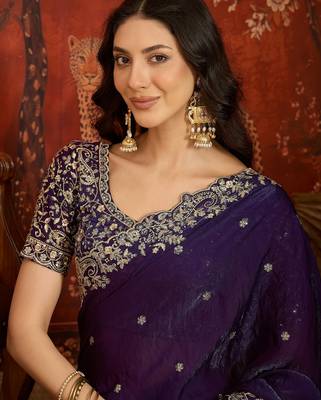 Purple tissue satin embroidered saree with unstitched blouse piece. 2