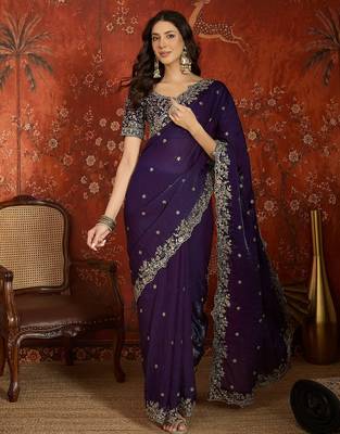 Purple tissue satin embroidered saree with unstitched blouse piece. 1