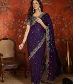 Purple tissue satin embroidered saree with unstitched blouse piece.