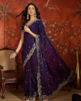 Purple tissue satin embroidered saree with unstitched blouse piece. 4