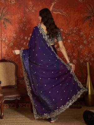 Purple tissue satin embroidered saree with unstitched blouse piece. 5