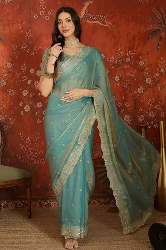 Sky blue tissue satin embroidered saree with unstitched blouse piece.