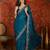 Teal tissue satin embroidered saree with unstitched blouse piece.