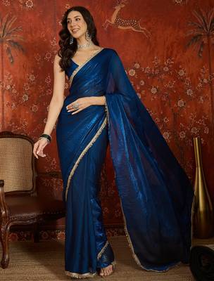 Teal tissue satin sequins saree with unstitched blouse piece. 2