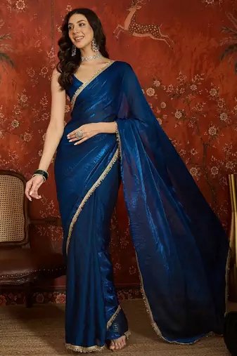 Teal tissue satin sequins saree with unstitched blouse piece
