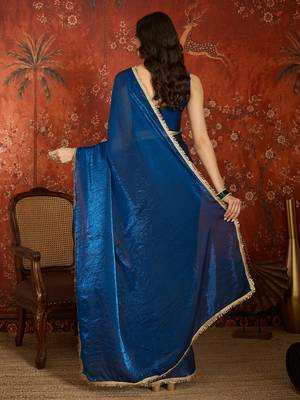 Teal tissue satin sequins saree with unstitched blouse piece. 3