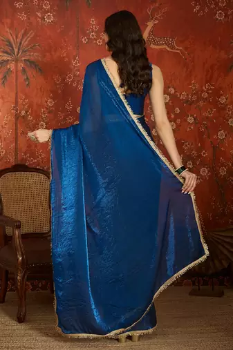 Teal tissue satin sequins saree with unstitched blouse piece