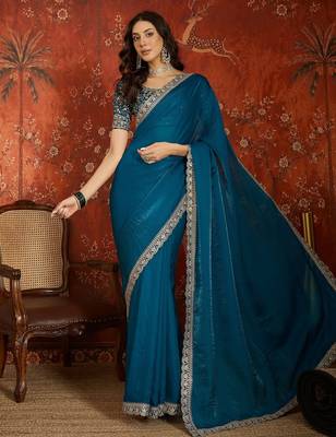 Teal tissue satin embroidered saree with unstitched blouse piece. 2
