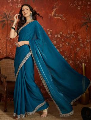 Teal tissue satin embroidered saree with unstitched blouse piece. 3