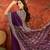 Purple silk blend crepe printed saree with unstitched blouse piece.
