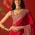 Red silk blend crepe printed saree with unstitched blouse piece.