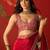 Red silk blend crepe printed saree with unstitched blouse piece.