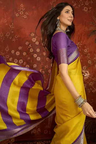 Yellow silk cotton zari saree with unstitched blouse piece