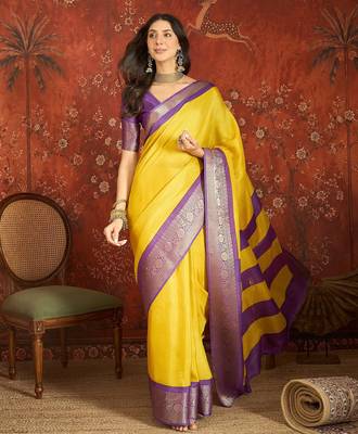 Yellow silk cotton zari saree with unstitched blouse piece. 1