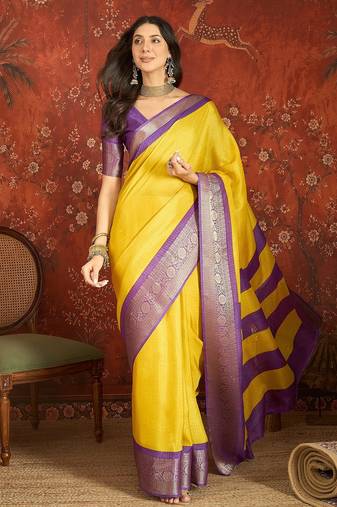 Yellow silk cotton zari saree with unstitched blouse piece