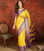 Yellow silk cotton zari saree with unstitched blouse piece.