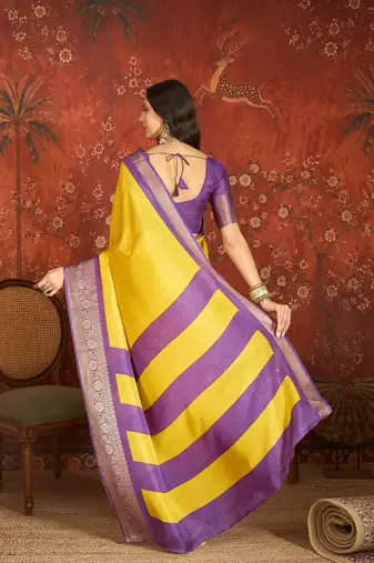 Yellow silk cotton zari saree with unstitched blouse piece