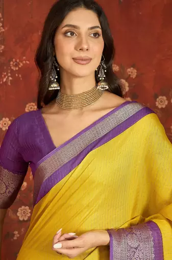 Yellow silk cotton zari saree with unstitched blouse piece