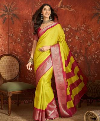 Yellow silk cotton zari saree with unstitched blouse piece. 1