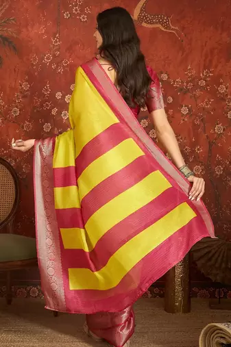 Yellow silk cotton zari saree with unstitched blouse piece.