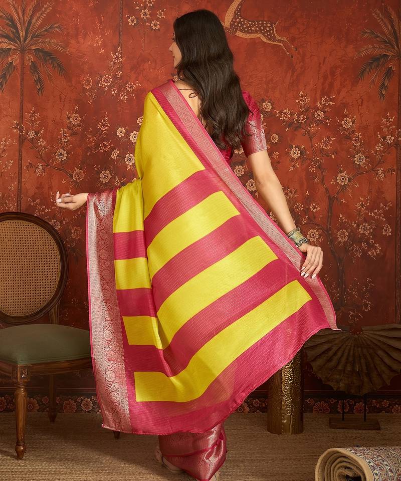 Yellow silk cotton zari saree with unstitched blouse piece.