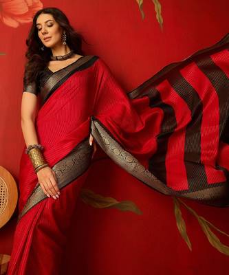 Red silk cotton zari saree with unstitched blouse piece. 1