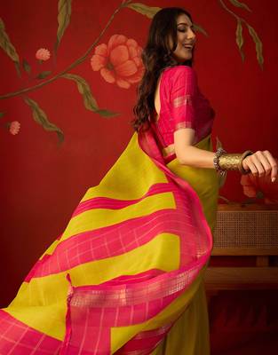 Neon silk cotton zari checks saree with unstitched blouse piece. 2