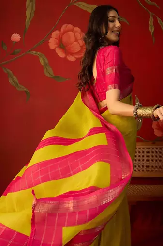 Neon silk cotton zari checks saree with unstitched blouse piece