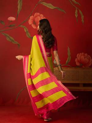 Neon silk cotton zari checks saree with unstitched blouse piece. 3