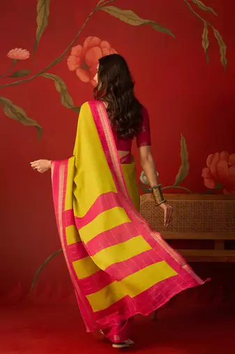Neon silk cotton zari checks saree with unstitched blouse piece