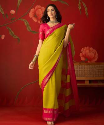Neon silk cotton zari checks saree with unstitched blouse piece. 4