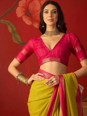 Neon silk cotton zari checks saree with unstitched blouse piece. 5