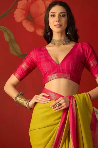 Neon silk cotton zari checks saree with unstitched blouse piece